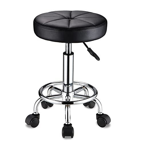 HMTOT Round Rolling Stool with Wheels - Height Adjustable Swivel Stool Chair for Spa, Salon, Massage - Black Avelisse