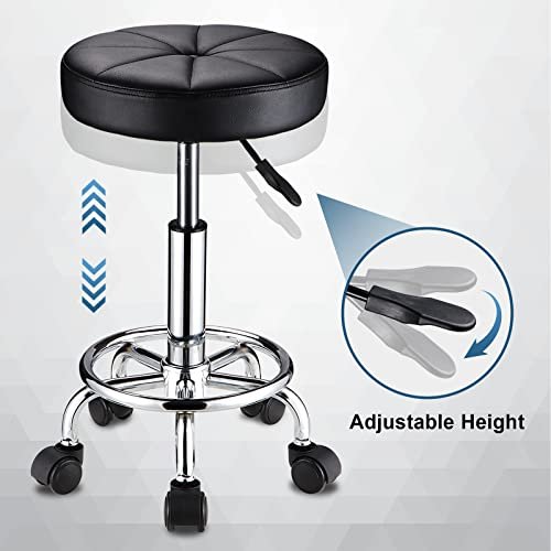 HMTOT Round Rolling Stool with Wheels - Height Adjustable Swivel Stool Chair for Spa, Salon, Massage - Black Avelisse