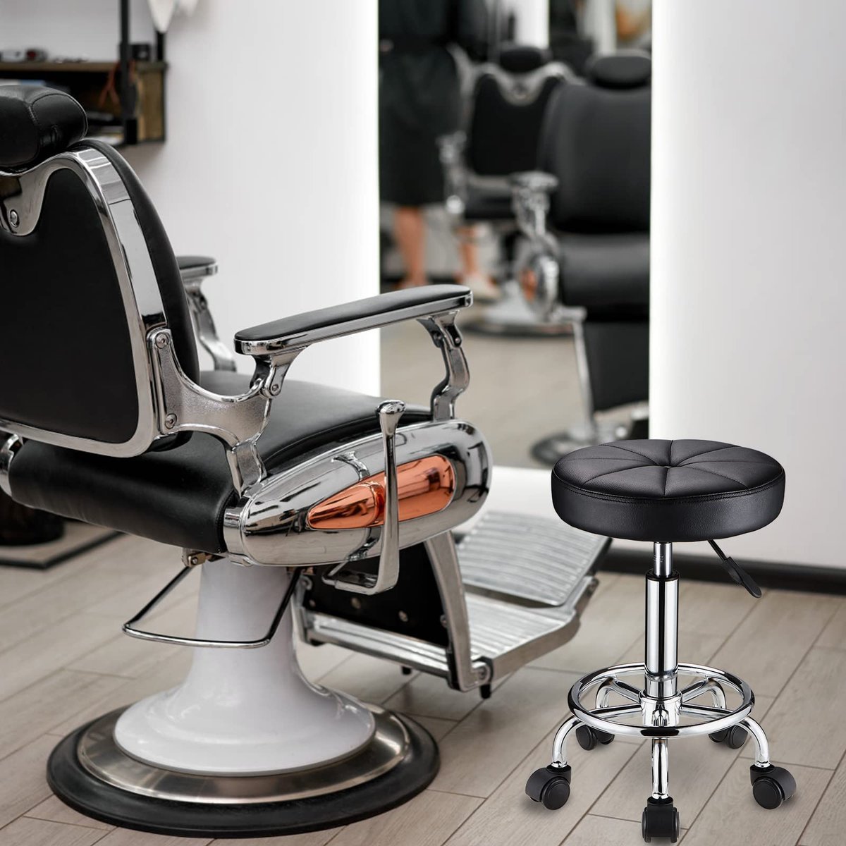HMTOT Round Rolling Stool with Wheels - Height Adjustable Swivel Stool Chair for Spa, Salon, Massage - Black Avelisse