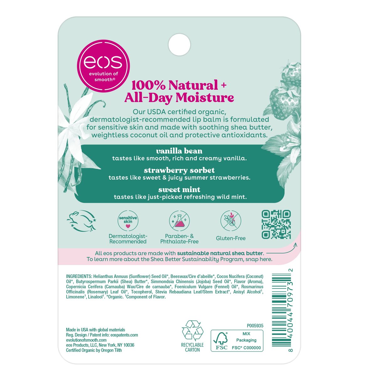 eos 100% Natural & Organic Lip Balm Trio - Vanilla Bean, Sweet Mint, & Strawberry Sorbet, 0.14 oz, 3-Pack - görsel 14