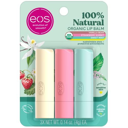 eos 100% Natural & Organic Lip Balm Trio - Vanilla Bean, Sweet Mint, & Strawberry Sorbet, 0.14 oz, 3-Pack - görsel 1