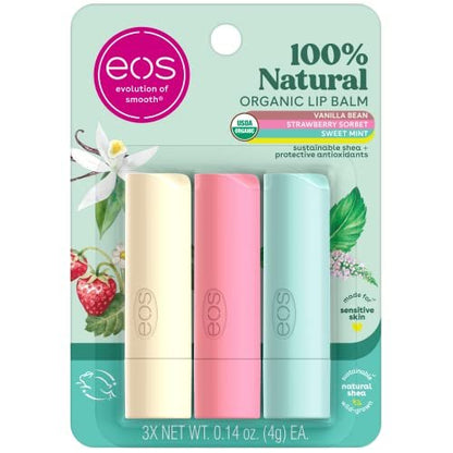 eos 100% Natural & Organic Lip Balm Trio - Vanilla Bean, Sweet Mint, & Strawberry Sorbet, 0.14 oz, 3-Pack