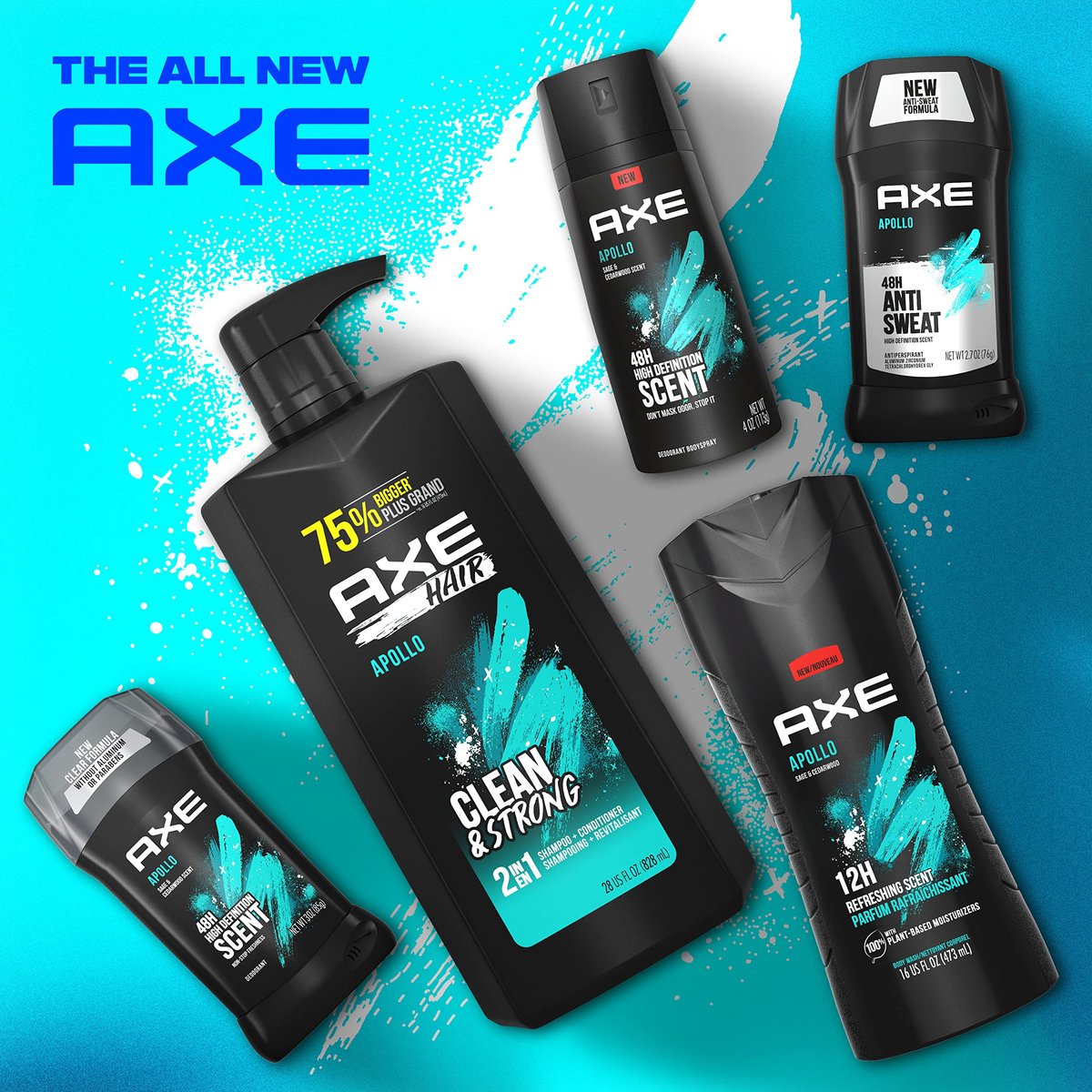 AXE Apollo Wash & Care 2-in-1 Shampoo & Conditioner, Sage & Cedarwood, 28 oz (Pack of 4) for Clean & Strong Hair Avelisse