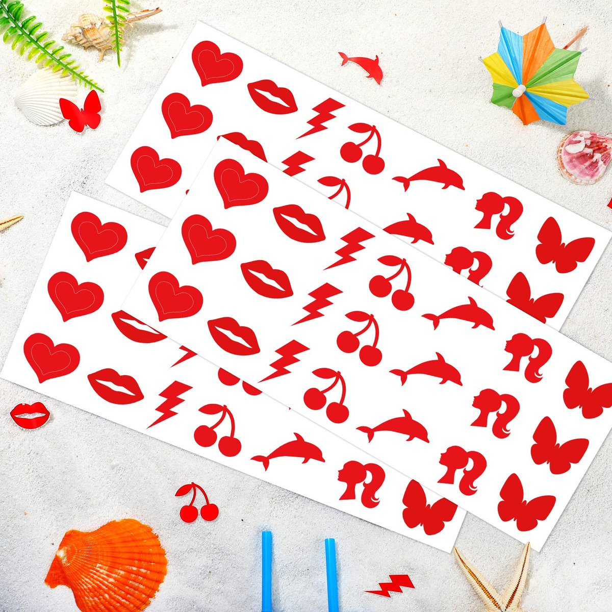 Chinco 210 Pieces Multi-Style Tanning Stickers - Heart, Butterfly, Dolphin Designs - Self-Adhesive, Waterproof, Single Use - görsel 13