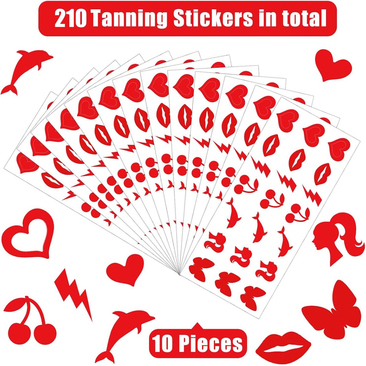 Chinco 210 Pieces Multi-Style Tanning Stickers - Heart, Butterfly, Dolphin Designs - Self-Adhesive, Waterproof, Single Use - görsel 3