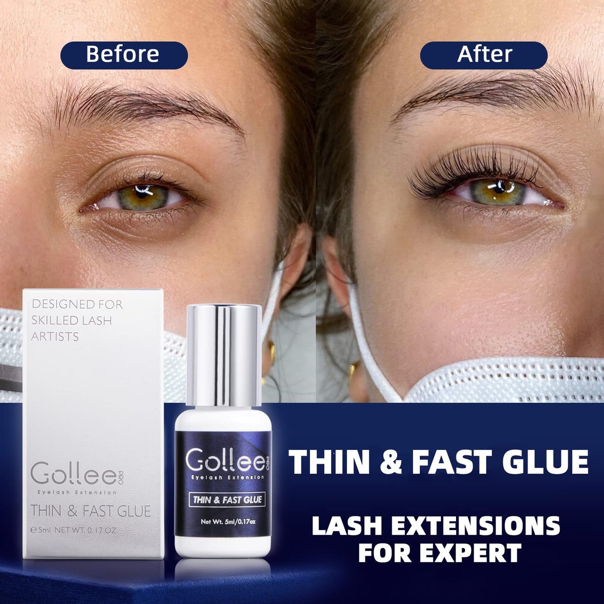 GOLLEEPRO High Flexibility Eyelash Extension Glue – 1 Second Drying Time, 6-8 Weeks Retention, 5ml Thin & Fast Lash Adhesive for Professional Use Avelisse