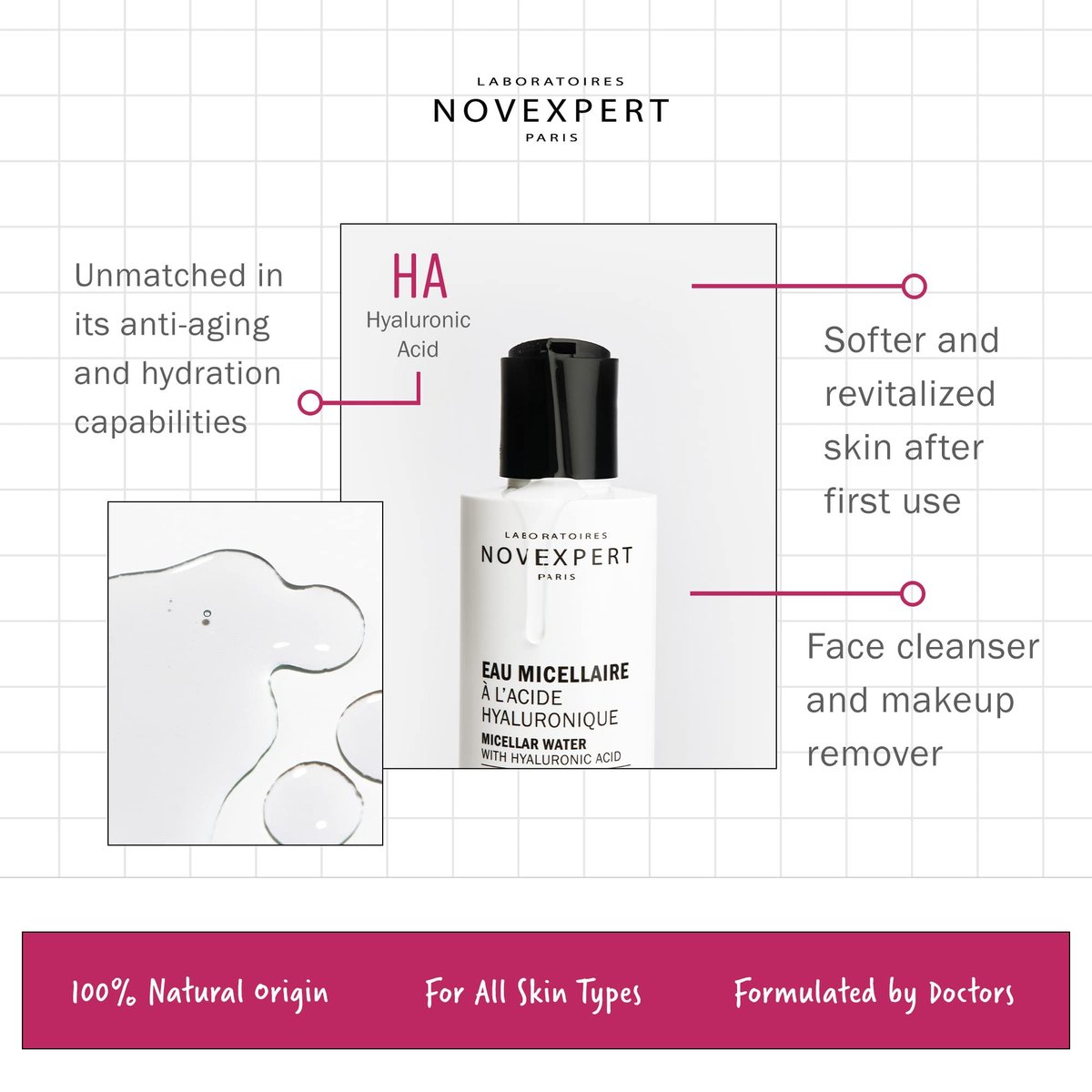 Novexpert Micellar Water Makeup Remover - Anti Aging Facial Cleanser with Hyaluronic Acid, No Rinse Formula for All Skin Types, Hypoallergenic and Vegan, 6.7 oz - görsel 3