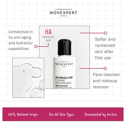 Novexpert Micellar Water Makeup Remover - Anti Aging Facial Cleanser with Hyaluronic Acid, No Rinse Formula for All Skin Types, Hypoallergenic and Vegan, 6.7 oz