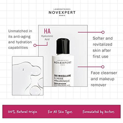 Novexpert Micellar Water Makeup Remover - Anti Aging Facial Cleanser with Hyaluronic Acid, No Rinse Formula for All Skin Types, Hypoallergenic and Vegan, 6.7 oz