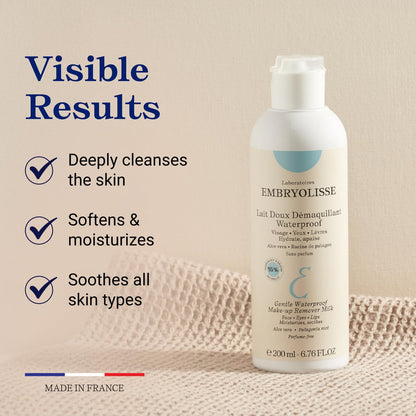 Embryolisse Gentle Waterproof Make-up Remover Milk 4-in-1 Hydrating Facial Cleanser for Sensitive Skin with Aloe Vera & Shea Butter, 6.76 Fl Oz
