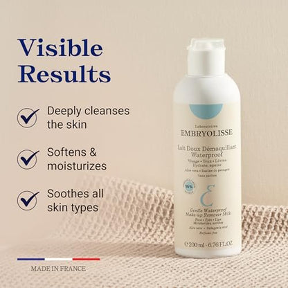 Embryolisse Gentle Waterproof Make-up Remover Milk 4-in-1 Hydrating Facial Cleanser for Sensitive Skin with Aloe Vera & Shea Butter, 6.76 Fl Oz