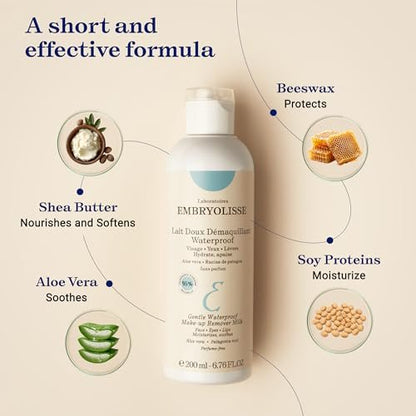 Embryolisse Gentle Waterproof Make-up Remover Milk 4-in-1 Hydrating Facial Cleanser for Sensitive Skin with Aloe Vera & Shea Butter, 6.76 Fl Oz