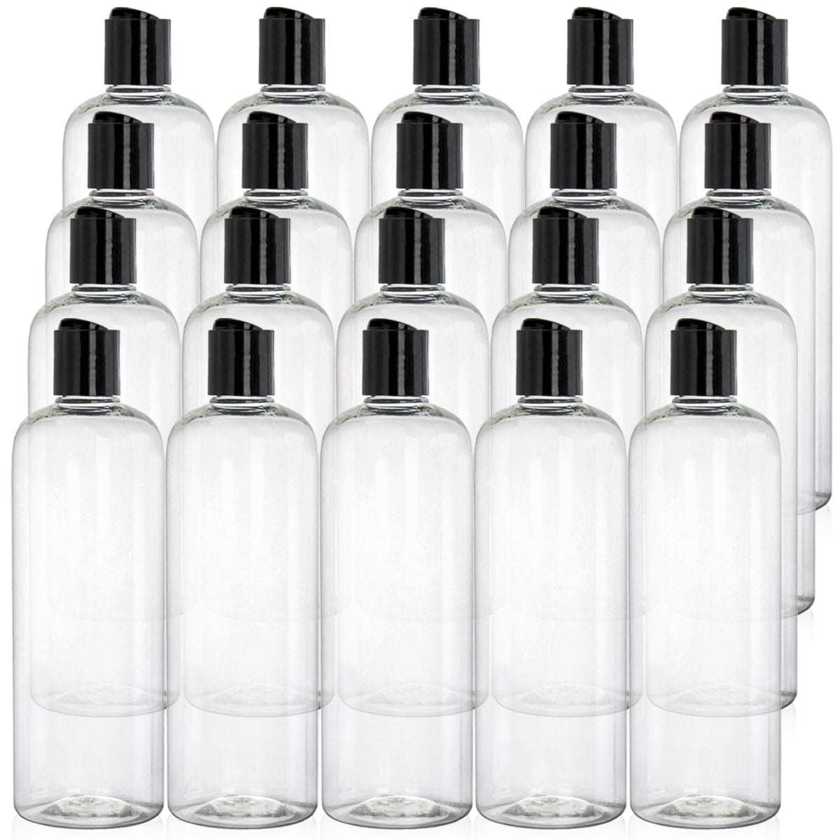 Peohud 20 Pack 16oz Clear Plastic Empty Bottles with Disc Top Flip Caps - Refillable Travel Squeeze Bottles for Shampoo, Lotion, Soap, and Cosmetics Avelisse