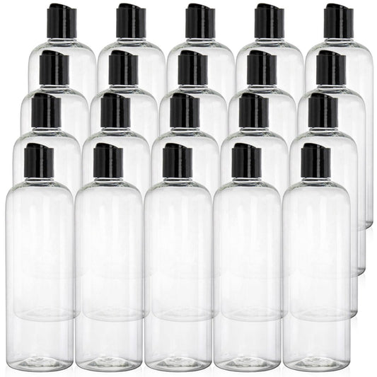 Peohud 20 Pack 16oz Clear Plastic Empty Bottles with Disc Top Flip Caps - Refillable Travel Squeeze Bottles for Shampoo, Lotion, Soap, and Cosmetics Avelisse