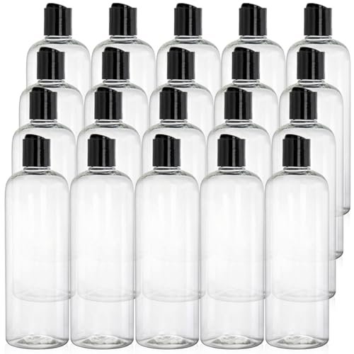 Peohud 20 Pack 16oz Clear Plastic Empty Bottles with Disc Top Flip Caps - Refillable Travel Squeeze Bottles for Shampoo, Lotion, Soap, and Cosmetics Avelisse