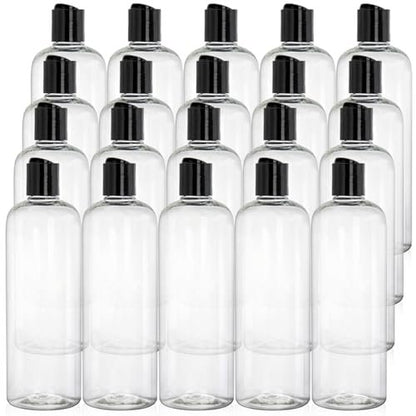 Peohud 20 Pack 16oz Clear Plastic Empty Bottles with Disc Top Flip Caps - Refillable Travel Squeeze Bottles for Shampoo, Lotion, Soap, and Cosmetics Avelisse