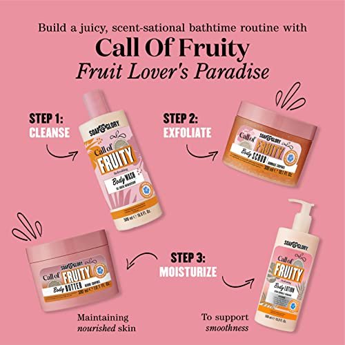 Soap & Glory Call of Fruity Vegan Body Lotion – Moisturizing Body Lotion with Vitamin E, Coconut Oil & Aloe Extracts, Tropical Fruits & Hibiscus Cocoa Butter for Dehydrated Skin (500ml) Avelisse