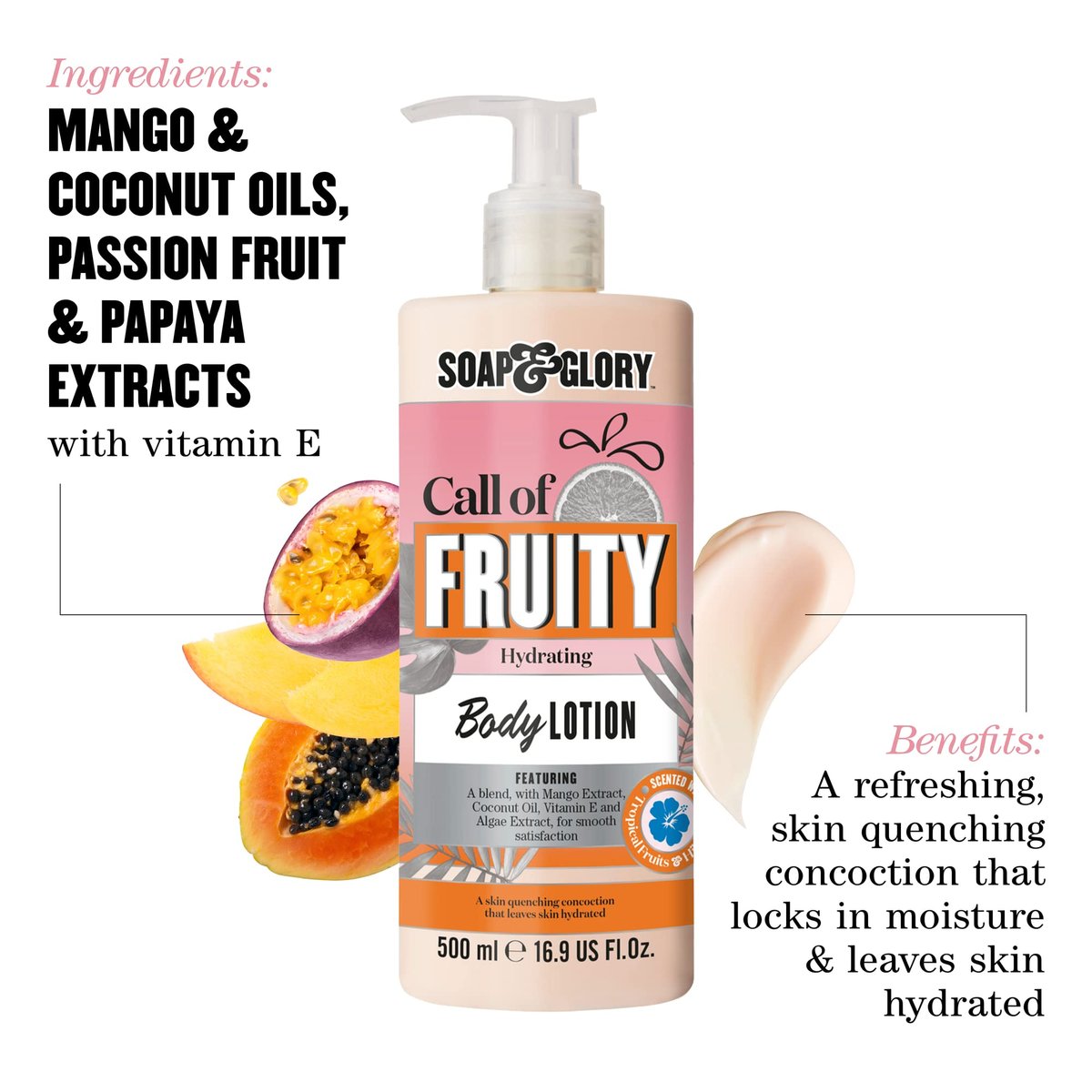 Soap & Glory Call of Fruity Vegan Body Lotion – Moisturizing Body Lotion with Vitamin E, Coconut Oil & Aloe Extracts, Tropical Fruits & Hibiscus Cocoa Butter for Dehydrated Skin (500ml) Avelisse