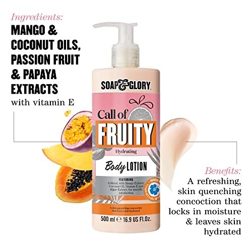 Soap & Glory Call of Fruity Vegan Body Lotion – Moisturizing Body Lotion with Vitamin E, Coconut Oil & Aloe Extracts, Tropical Fruits & Hibiscus Cocoa Butter for Dehydrated Skin (500ml) Avelisse