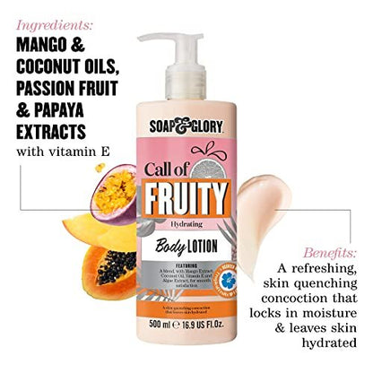 Soap & Glory Call of Fruity Vegan Body Lotion – Moisturizing Body Lotion with Vitamin E, Coconut Oil & Aloe Extracts, Tropical Fruits & Hibiscus Cocoa Butter for Dehydrated Skin (500ml) Avelisse