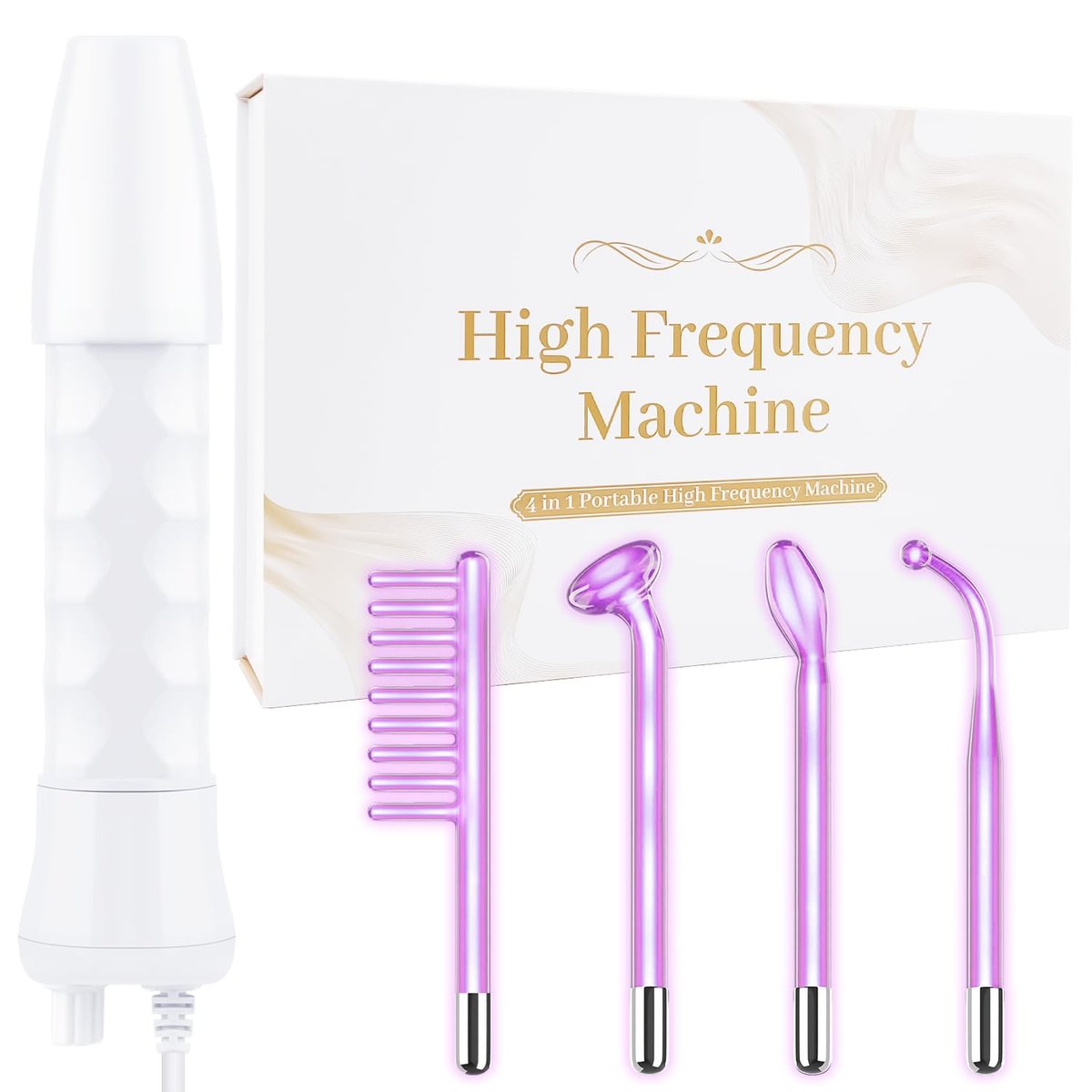 Uaike 4 in 1 High Frequency Facial Wand - Violet Portable Handheld Skin Device with 4 Purple Glass Tubes Avelisse
