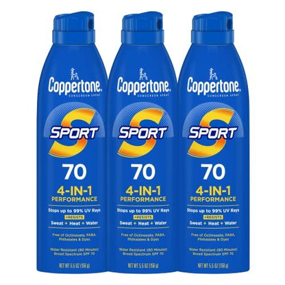 Coppertone SPORT Sunscreen Spray SPF 70, Water Resistant, Broad Spectrum, 5.5 oz (Pack of 3) Avelisse