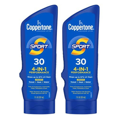 Coppertone Sport Sunscreen Lotion SPF 30 Twin Pack - Sweat & Water Resistant, Oxybenzone Free, 7 Fl Oz (Pack of 2)