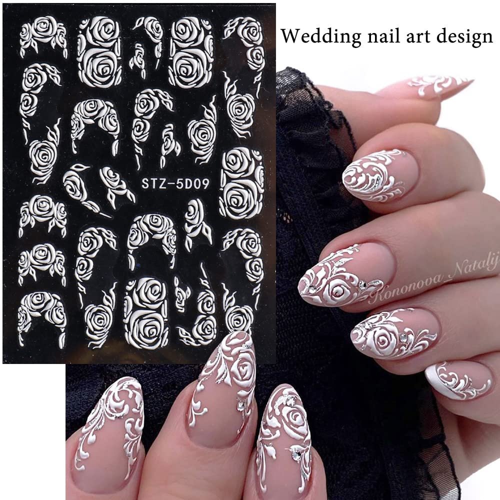 8 Sheets 5D Engraved Flower Nail Art Stickers Decals - White Resin Lace Flower Carving Nail Stickers for Women Girls, French Tips Nail Designs - görsel 7