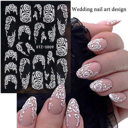 8 Sheets 5D Engraved Flower Nail Art Stickers Decals - White Resin Lace Flower Carving Nail Stickers for Women Girls, French Tips Nail Designs