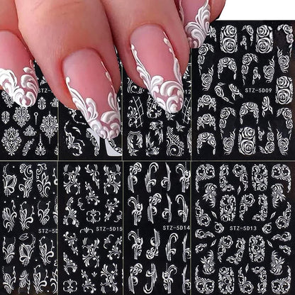 8 Sheets 5D Engraved Flower Nail Art Stickers Decals - White Resin Lace Flower Carving Nail Stickers for Women Girls, French Tips Nail Designs