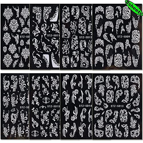 8 Sheets 5D Engraved Flower Nail Art Stickers Decals - White Resin Lace Flower Carving Nail Stickers for Women Girls, French Tips Nail Designs - görsel 12