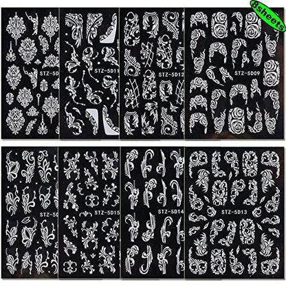 8 Sheets 5D Engraved Flower Nail Art Stickers Decals - White Resin Lace Flower Carving Nail Stickers for Women Girls, French Tips Nail Designs