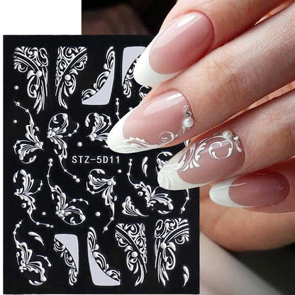 8 Sheets 5D Engraved Flower Nail Art Stickers Decals - White Resin Lace Flower Carving Nail Stickers for Women Girls, French Tips Nail Designs