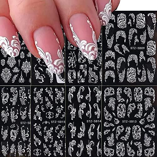8 Sheets 5D Engraved Flower Nail Art Stickers Decals - White Resin Lace Flower Carving Nail Stickers for Women Girls, French Tips Nail Designs - görsel 2
