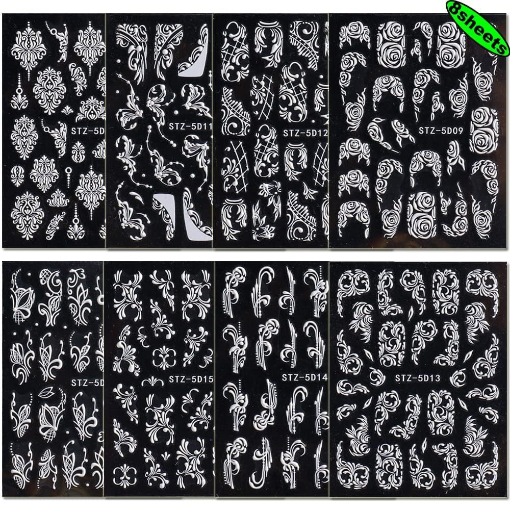 8 Sheets 5D Engraved Flower Nail Art Stickers Decals - White Resin Lace Flower Carving Nail Stickers for Women Girls, French Tips Nail Designs - görsel 11