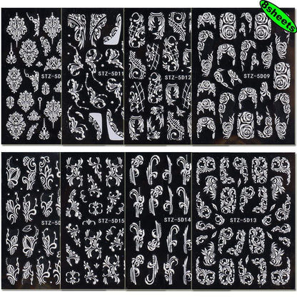 8 Sheets 5D Engraved Flower Nail Art Stickers Decals - White Resin Lace Flower Carving Nail Stickers for Women Girls, French Tips Nail Designs