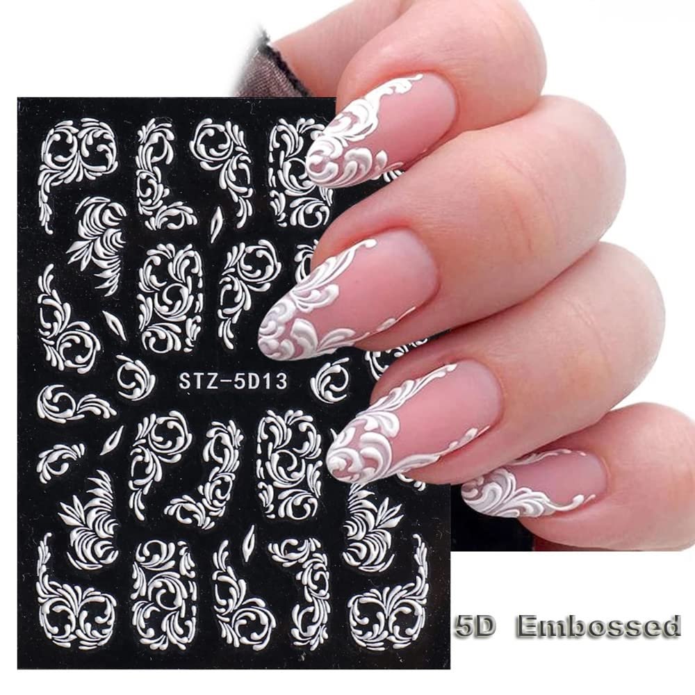 8 Sheets 5D Engraved Flower Nail Art Stickers Decals - White Resin Lace Flower Carving Nail Stickers for Women Girls, French Tips Nail Designs - görsel 9