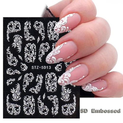 8 Sheets 5D Engraved Flower Nail Art Stickers Decals - White Resin Lace Flower Carving Nail Stickers for Women Girls, French Tips Nail Designs