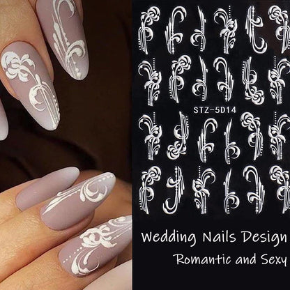 8 Sheets 5D Engraved Flower Nail Art Stickers Decals - White Resin Lace Flower Carving Nail Stickers for Women Girls, French Tips Nail Designs