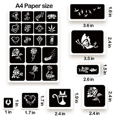 ChurlChurl 575pcs Temporary Tattoo Stencils Kit - 20 Sheets Henna Stencils for Face, Body, and DIY Art - Reusable Glitter Tattoo Stencils Pack for Women and Men