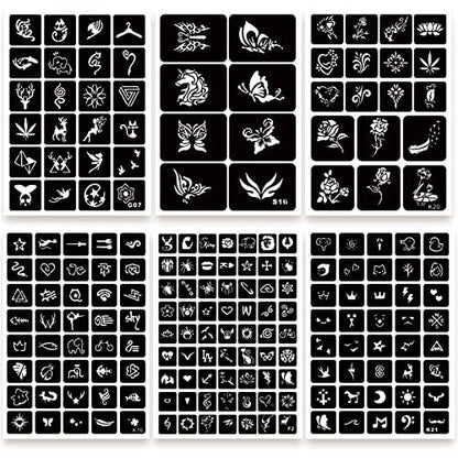 ChurlChurl 575pcs Temporary Tattoo Stencils Kit - 20 Sheets Henna Stencils for Face, Body, and DIY Art - Reusable Glitter Tattoo Stencils Pack for Women and Men