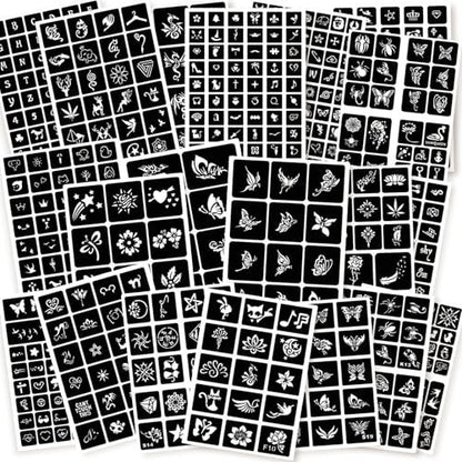ChurlChurl 575pcs Temporary Tattoo Stencils Kit - 20 Sheets Henna Stencils for Face, Body, and DIY Art - Reusable Glitter Tattoo Stencils Pack for Women and Men