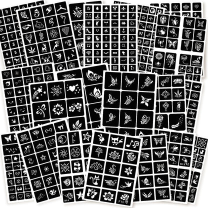 ChurlChurl 575pcs Temporary Tattoo Stencils Kit - 20 Sheets Henna Stencils for Face, Body, and DIY Art - Reusable Glitter Tattoo Stencils Pack for Women and Men