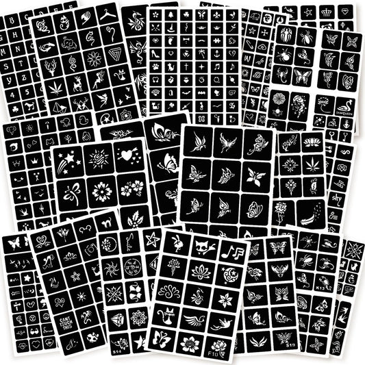 ChurlChurl 575pcs Temporary Tattoo Stencils Kit - 20 Sheets Henna Stencils for Face, Body, and DIY Art - Reusable Glitter Tattoo Stencils Pack for Women and Men