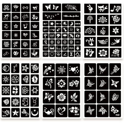 ChurlChurl 575pcs Temporary Tattoo Stencils Kit - 20 Sheets Henna Stencils for Face, Body, and DIY Art - Reusable Glitter Tattoo Stencils Pack for Women and Men