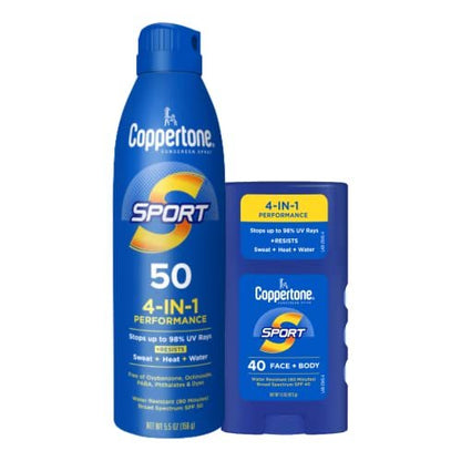 Coppertone Sport Sunscreen SPF 50 Spray & SPF 40 Stick Bundle, Sweat & Water Resistant Sunblock for Face & Body Avelisse