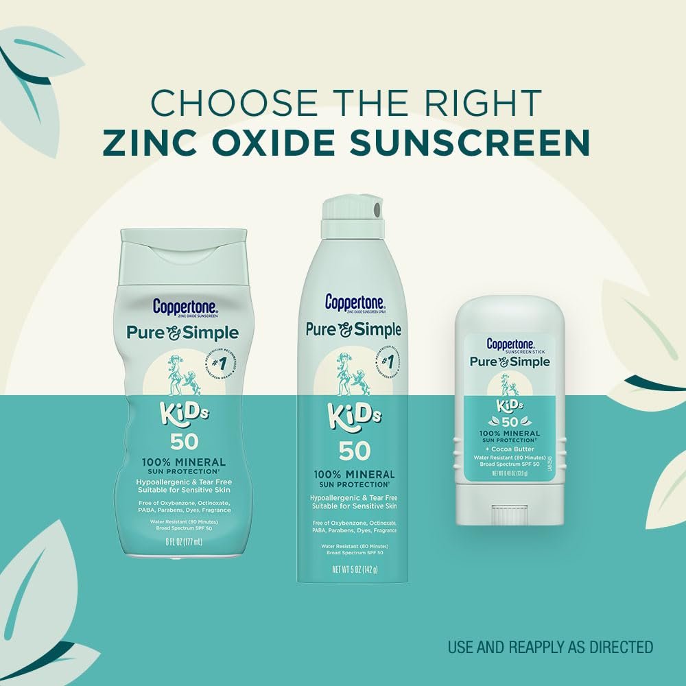 Coppertone Pure and Simple Kids Sunscreen Spray SPF 50 - Zinc Oxide Mineral Sunscreen, Hypoallergenic, Tear Free, 5 oz (Pack of 3) Avelisse