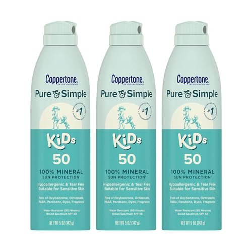 Coppertone Pure and Simple Kids Sunscreen Spray SPF 50 - Zinc Oxide Mineral Sunscreen, Hypoallergenic, Tear Free, 5 oz (Pack of 3) Avelisse