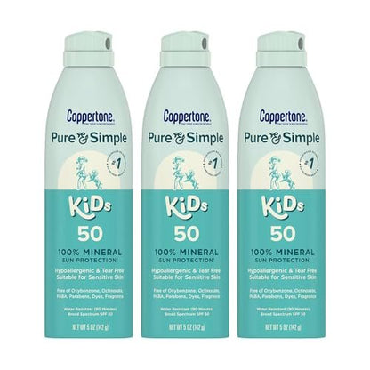 Coppertone Pure and Simple Kids Sunscreen Spray SPF 50 - Zinc Oxide Mineral Sunscreen, Hypoallergenic, Tear Free, 5 oz (Pack of 3) Avelisse
