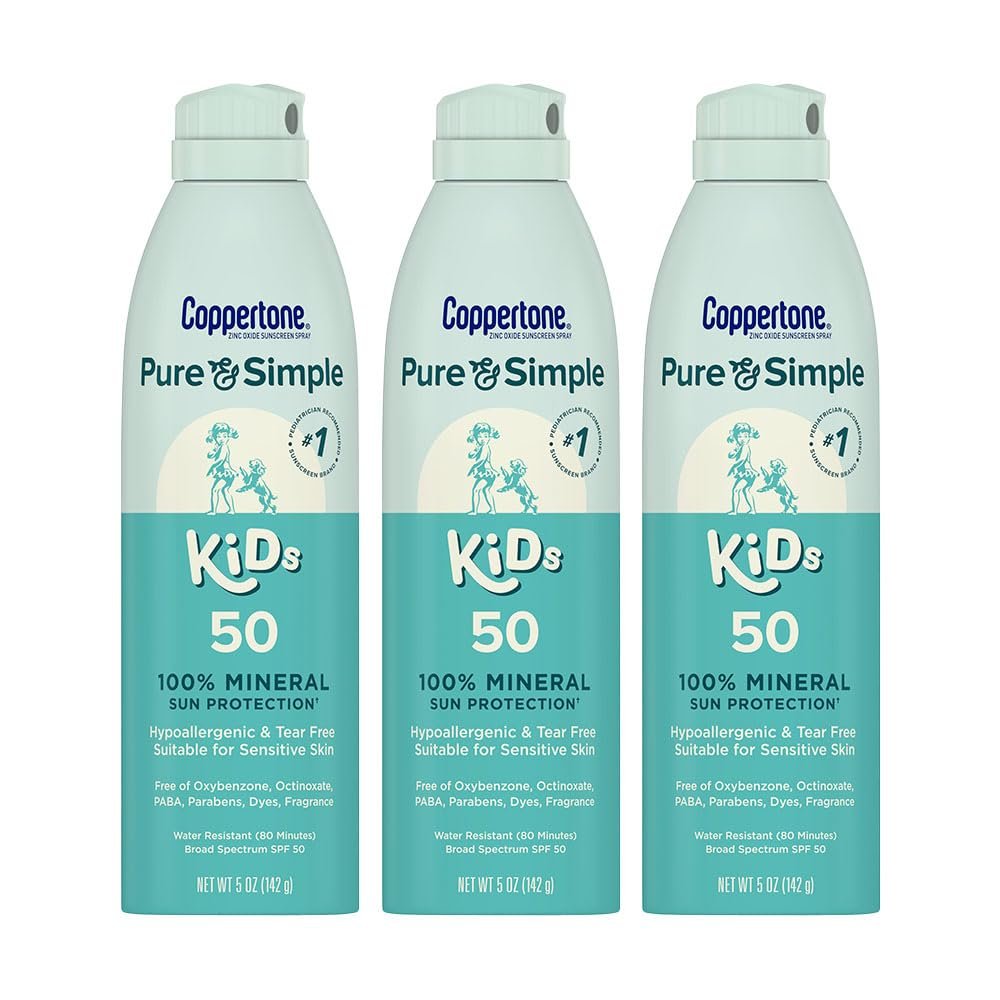 Coppertone Pure and Simple Kids Sunscreen Spray SPF 50 - Zinc Oxide Mineral Sunscreen, Hypoallergenic, Tear Free, 5 oz (Pack of 3) Avelisse